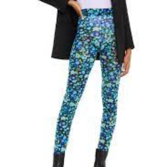 GANNI - Blue Floral Sheer Leggings - Sky Captain Printed Mesh - S - Picture 2 of 12